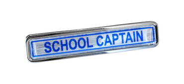 School badges - Blue print with silver border & background | www.namebadgesinternational.co.uk